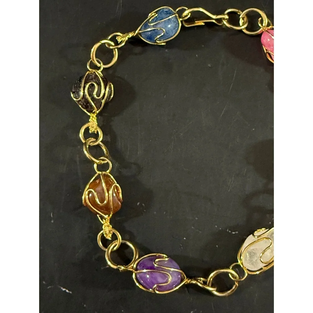 Vintage Multicolor Semi Precious Stone Wire Wrapped Caged 9